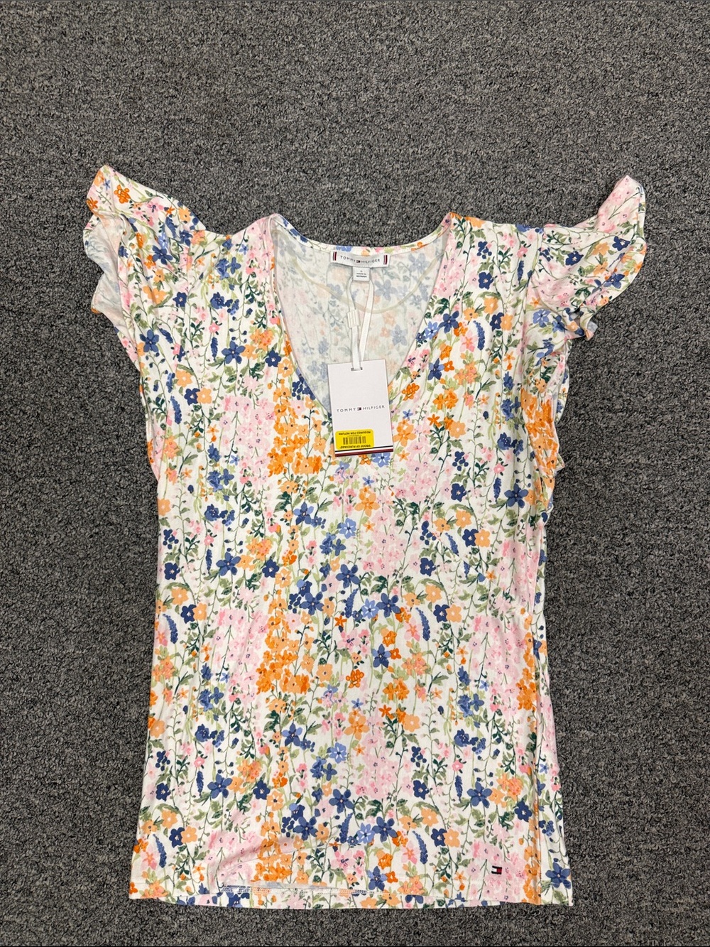 Tommy Hilfiger Floral V-Neck Ruffle Sleeve Tee - Pink, Orange, Blue
